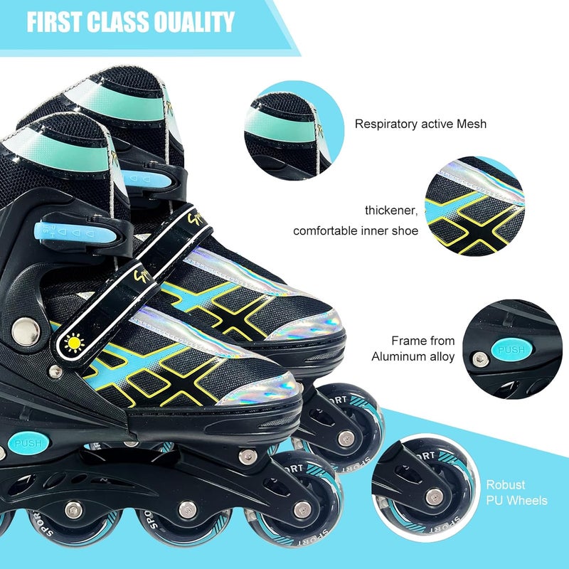 Janplay Adjustable Inline Skates for Kids and Teens with Light-Up Wheels - Black-Blue - Image 2