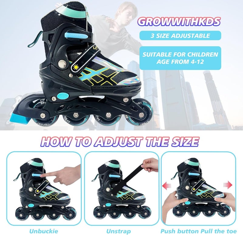 Janplay Adjustable Inline Skates for Kids and Teens with Light-Up Wheels - Black-Blue - Image 3