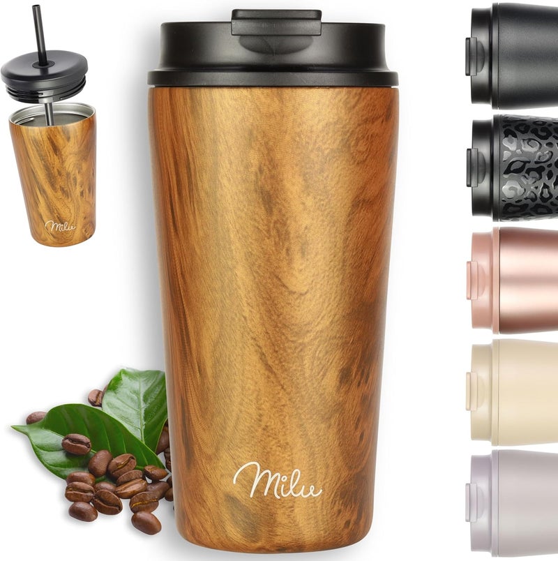 Milu Thermal Mug, 500 ml, 100% Leak-Proof, Stainless Steel Coffee Mug to Go, Insulated with Straw, Keeps Hot for 10 Hours/Cold for 20 Hours, BPA-Free (Wood Look, 500 ml) - Image 1