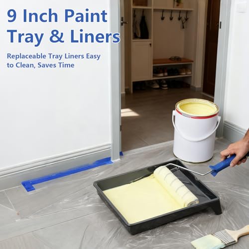 BHLUUIYER Paint Roller Kit with 2 to 4 FT Extension Pole for House Painting - Completed Home Painting Set with 9″ & 4″ Paint Roller Covers, Tray, Paint Brushes and Accessories - Image 4