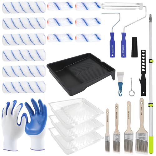 BHLUUIYER Paint Roller Kit with 2 to 4 FT Extension Pole for House Painting - Completed Home Painting Set with 9″ & 4″ Paint Roller Covers, Tray, Paint Brushes and Accessories - Image 1