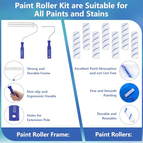 BHLUUIYER Paint Roller Kit with 2 to 4 FT Extension Pole for House Painting - Completed Home Painting Set with 9″ & 4″ Paint Roller Covers, Tray, Paint Brushes and Accessories - Image 3