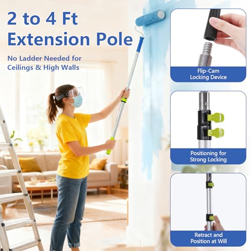 BHLUUIYER Paint Roller Kit with 2 to 4 FT Extension Pole for House Painting - Completed Home Painting Set with 9″ & 4″ Paint Roller Covers, Tray, Paint Brushes and Accessories - Image 2