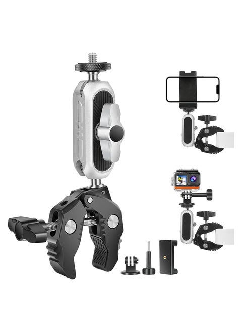 Super Camera Clamp Mount Monitor, with 1/4''-20 and 3/8''-16 Thread, 360° Double Ball Head Camera Mount Adapter DSLR Cameras, Lights, Hooks, Shelves, Rods, Cross Bars, Fit for Most Camera (Silver)