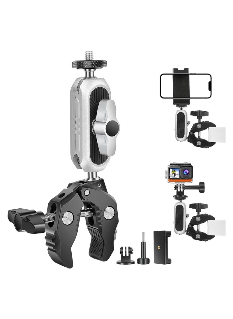 Super Camera Clamp Mount Monitor, with 1/4''-20 and 3/8''-16 Thread, 360° Double Ball Head Camera Mount Adapter DSLR Cameras, Lights, Hooks, Shelves, Rods, Cross Bars, Fit for Most Camera (Silver)