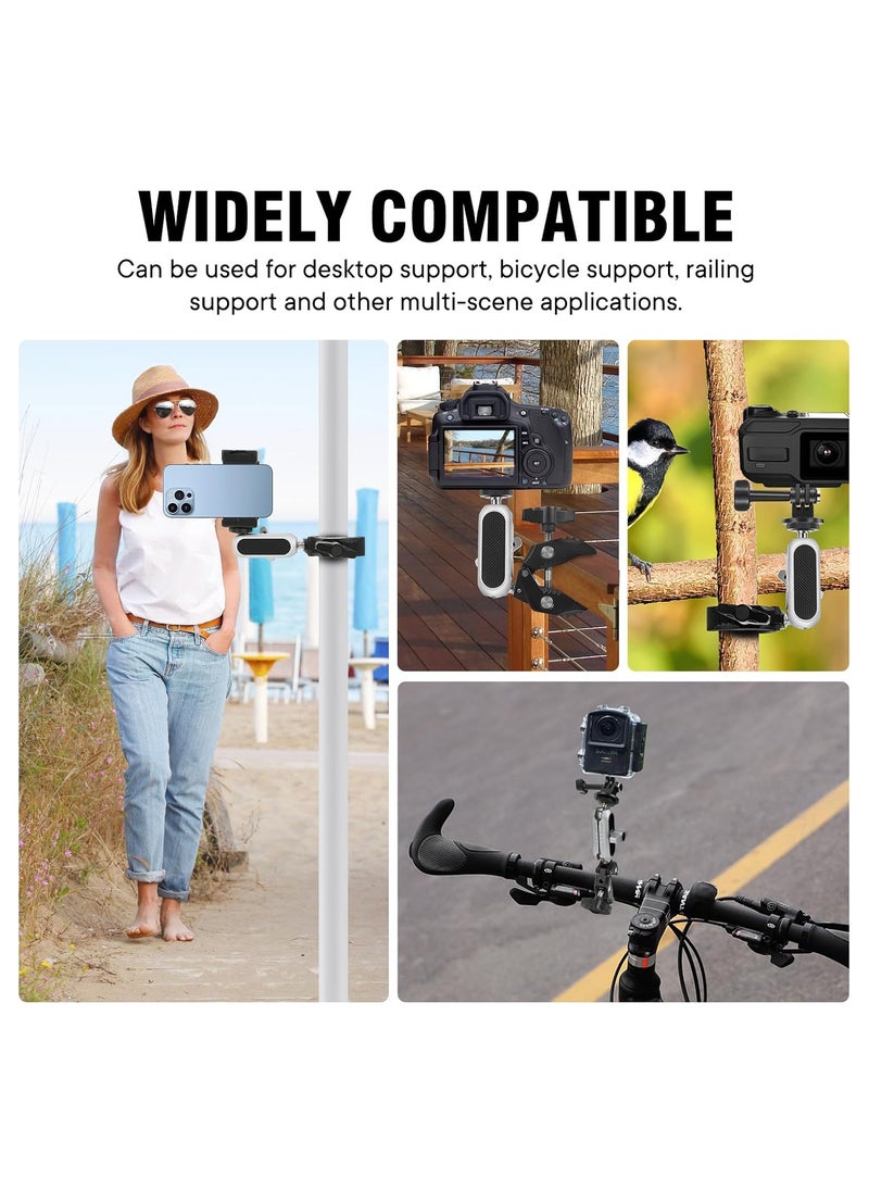 Super Camera Clamp Mount Monitor, with 1/4''-20 and 3/8''-16 Thread, 360° Double Ball Head Camera Mount Adapter DSLR Cameras, Lights, Hooks, Shelves, Rods, Cross Bars, Fit for Most Camera (Silver)
