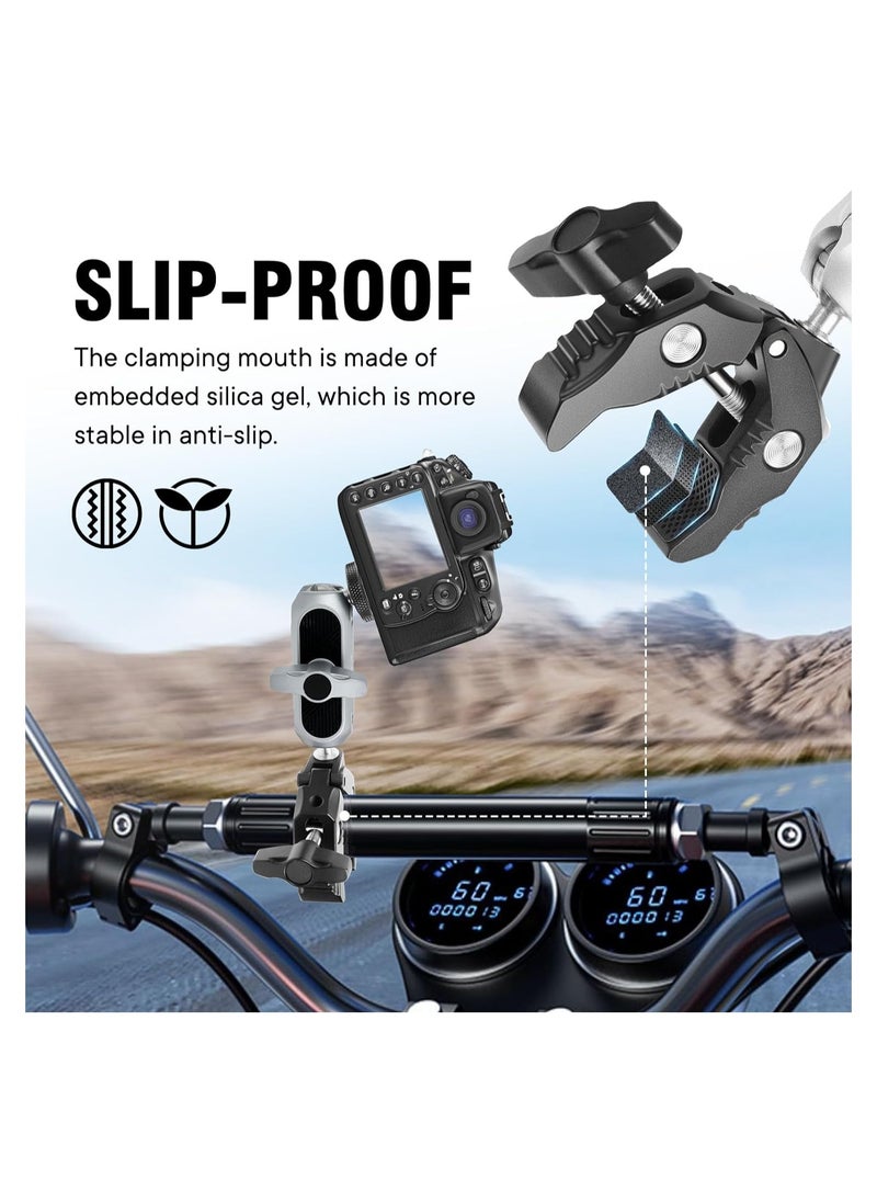 Super Camera Clamp Mount Monitor, with 1/4''-20 and 3/8''-16 Thread, 360° Double Ball Head Camera Mount Adapter DSLR Cameras, Lights, Hooks, Shelves, Rods, Cross Bars, Fit for Most Camera (Silver)