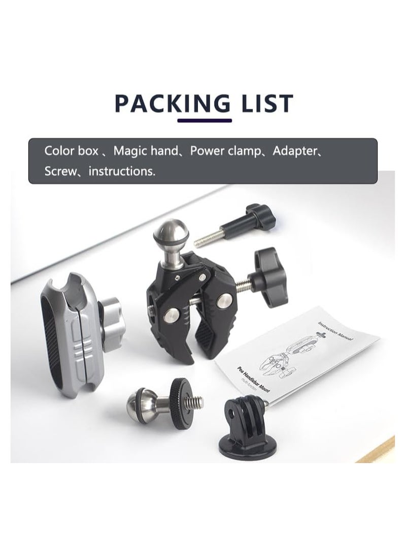 Super Camera Clamp Mount Monitor, with 1/4''-20 and 3/8''-16 Thread, 360° Double Ball Head Camera Mount Adapter DSLR Cameras, Lights, Hooks, Shelves, Rods, Cross Bars, Fit for Most Camera (Silver)