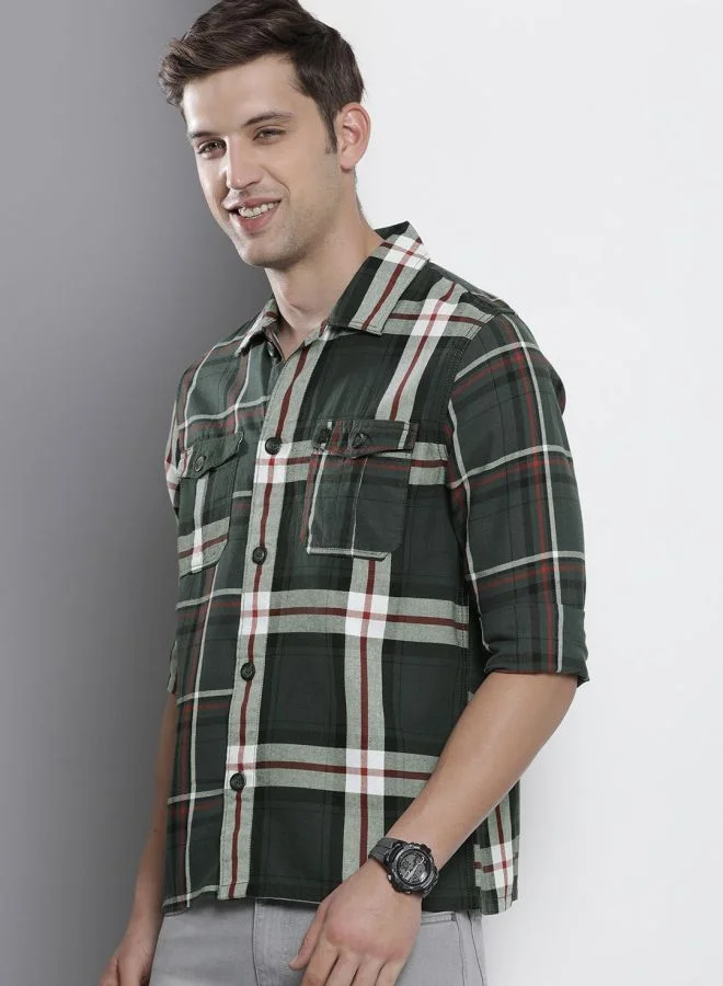 شركة المرآب الهندية Men Regular Fit Checkered Full Sleeves Convertible Collar Double Flap Pocket Street Wear Over Shirt