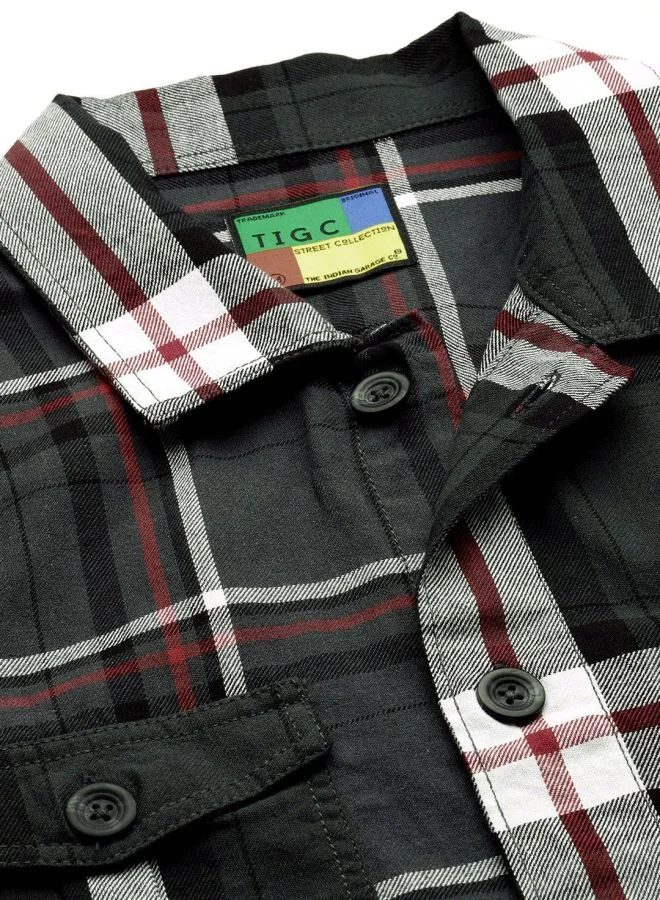 شركة المرآب الهندية Men Regular Fit Checkered Full Sleeves Convertible Collar Double Flap Pocket Street Wear Over Shirt