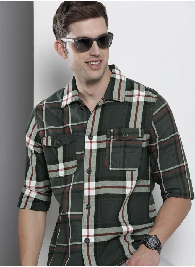 The Indian Garage Co Men Regular Fit Checkered Full Sleeves Convertible Collar Double Flap Pocket Street Wear Over Shirt