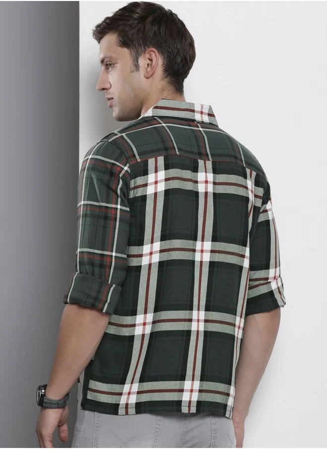 The Indian Garage Co Men Regular Fit Checkered Full Sleeves Convertible Collar Double Flap Pocket Street Wear Over Shirt