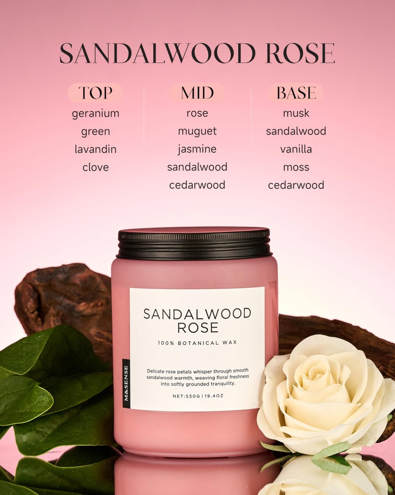 M&SENSE Sandalwood Rose Scented Candle 19.4oz 110 Hours Long Lasting Burn Natural Soy Wax Strong Scented Candle for Home, 2 Wick Home Fragrance Slow Burning Housewarming Gifts for Men Women - Image 2