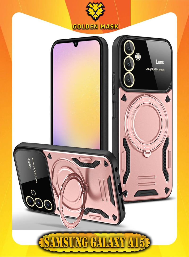 جولدن ماسك لهاتف سامسونج جالاكسي اية 15 (Samsung Galaxy A15) جراب حماية عدسات كاميرات الموبايل مع حلقة مغناطيسية تدعم الشحن اللاسلكي  - (روز جولد)