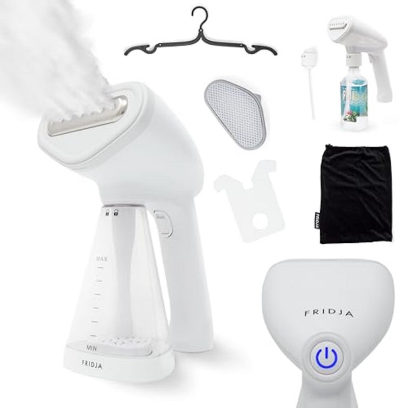 FRIDJA مكواة بخار محمولة فريدجا مطورة 1500 واط مع لوحة تسخين و30 جرام في الدقيقة من بخار 260 مل خزان ماء جاهزة في 45 ثانية للاستخدام المنزلي والمكتبي والسفر f10 أبيض