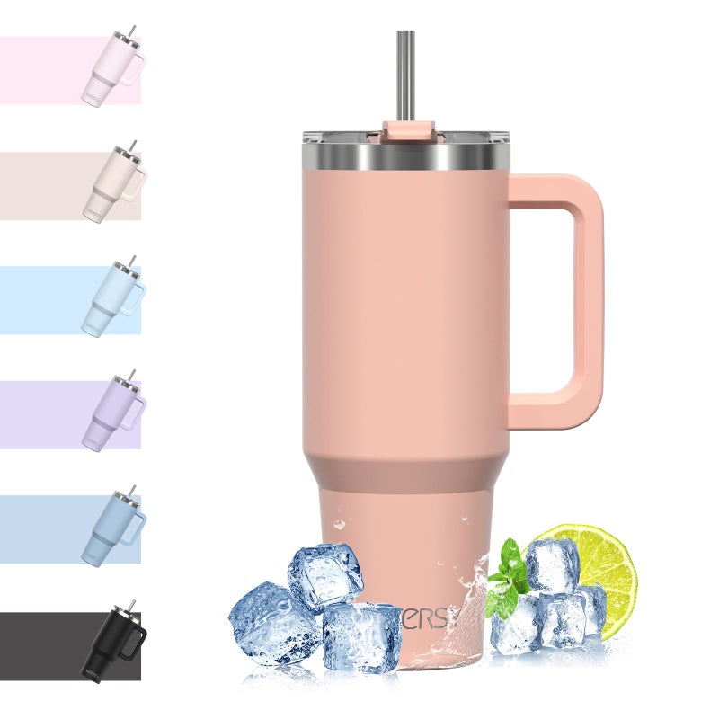 WATERSY Travel Mug Coffee Cup 40oz Tumbler Straw Lid and Handle Stainless Steel Double Wall Vacuum Insulated Coffee Water Bottle Thermal for Cold Hot Coffee 1182ml Pink