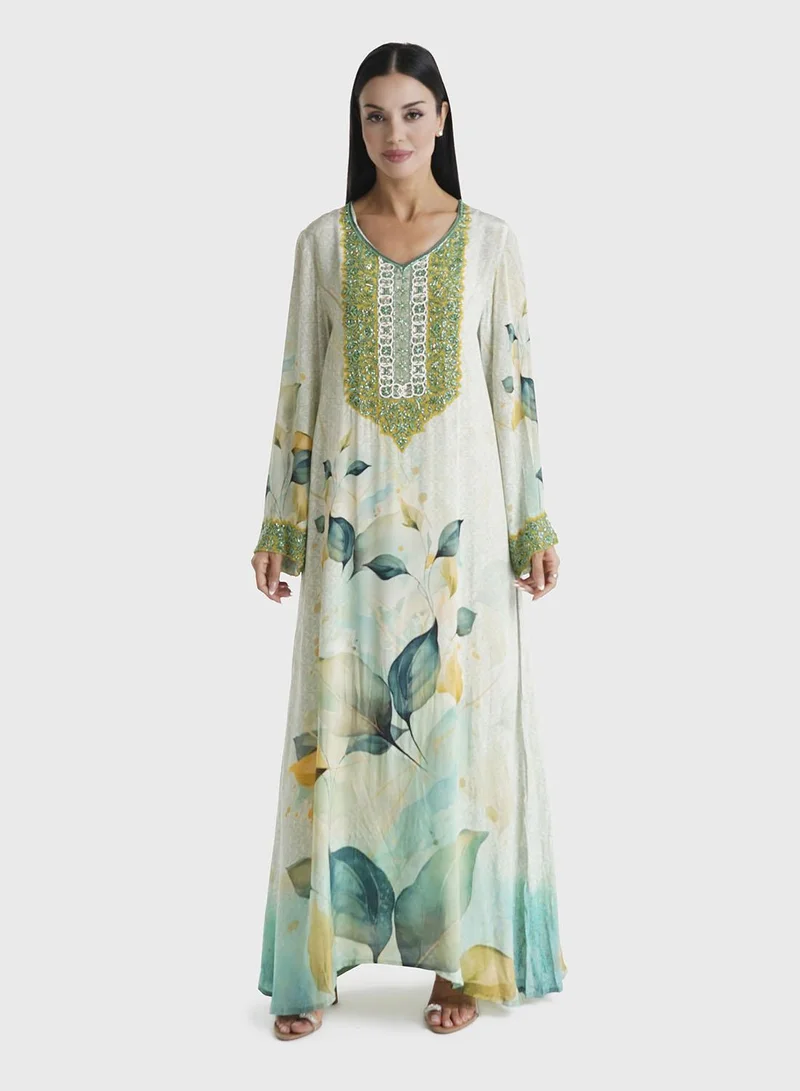 كشخة جلابية كريب بطبعة أوراق خضراء