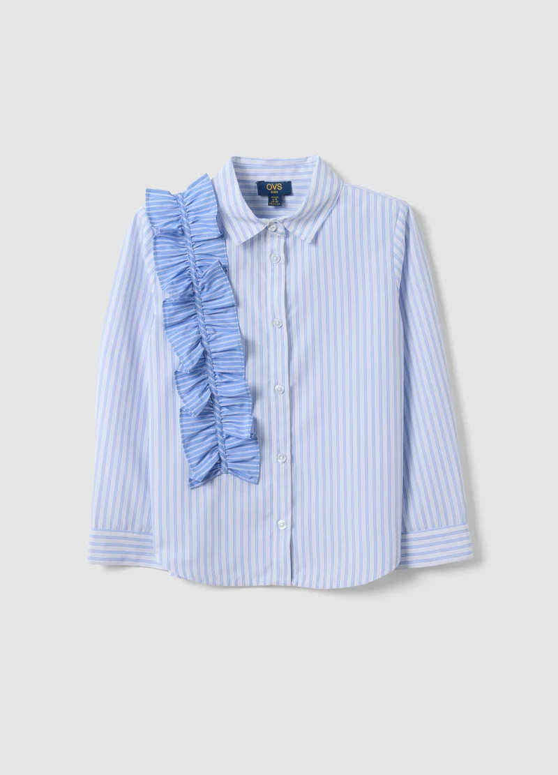 او في اس OVS Blue Striped Girlsâ€™ Shirt With Ruffle Detail And Classic Collar