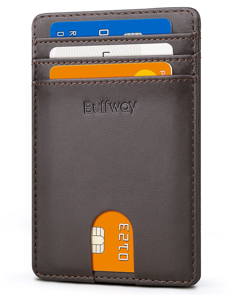 Buffway Mens Slim Wallet, Minimalist Thin Front Pocket Leather Credit Card Holder with RFID Blocking for Work Travel - Boston Chocolate - Image 1