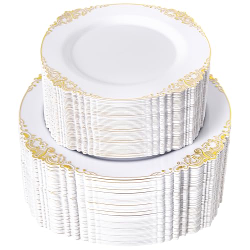 Joyido 200PCS White and Gold Plastic Plates - Gold Disposable Plates - Gorgeous Wedding Plate 10inch Dinner & 7.25inch Dessert Plate for 100 Guests for Wedding & Party - Image 1
