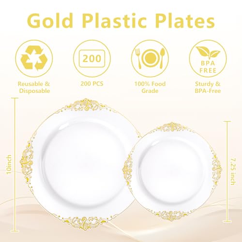 Joyido 200PCS White and Gold Plastic Plates - Gold Disposable Plates - Gorgeous Wedding Plate 10inch Dinner & 7.25inch Dessert Plate for 100 Guests for Wedding & Party - Image 3