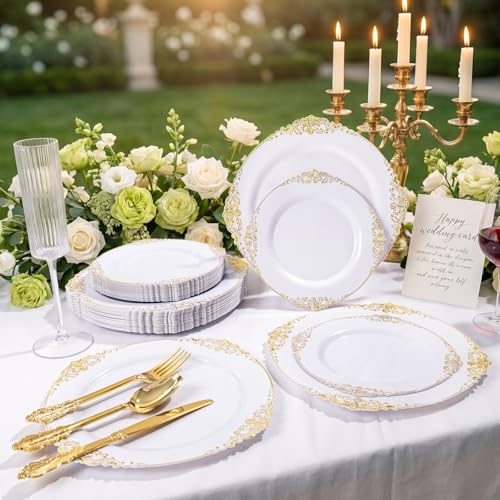Joyido 200PCS White and Gold Plastic Plates - Gold Disposable Plates - Gorgeous Wedding Plate 10inch Dinner & 7.25inch Dessert Plate for 100 Guests for Wedding & Party - Image 2