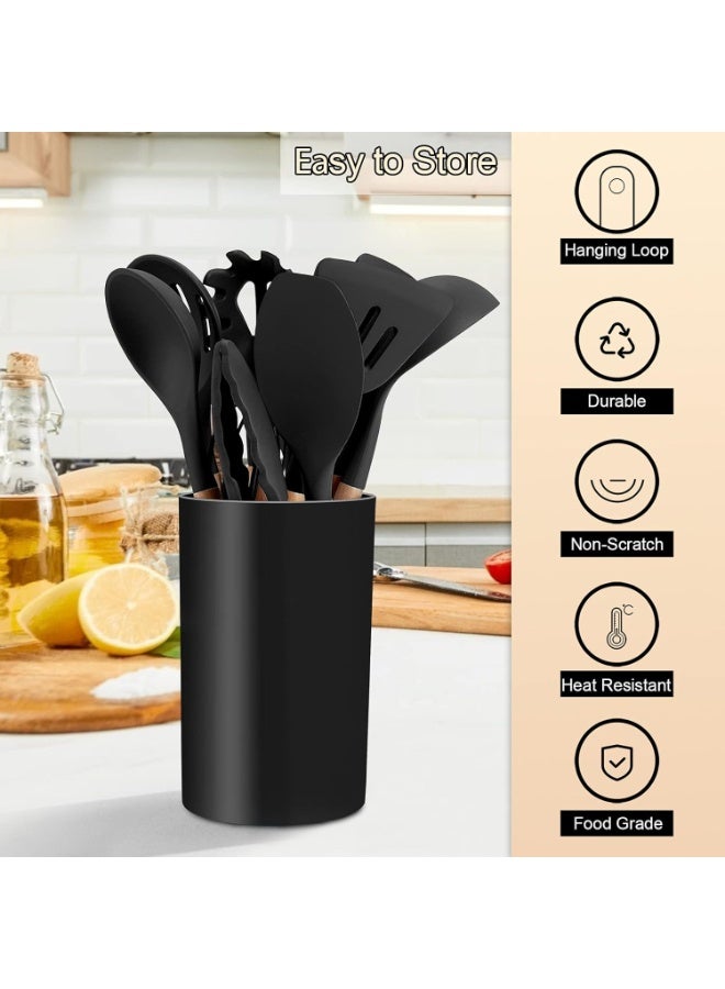 Kitchen Utensils Set of 12, Silicone Cooking Utensils with Holder, Non-stick Cookware Friendly & Heat Resistant, Includes Spatula Tong Whisk Ladle Brush Slotted Turner Spoon(Black) - Image 3