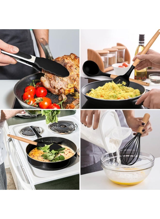 Kitchen Utensils Set of 12, Silicone Cooking Utensils with Holder, Non-stick Cookware Friendly & Heat Resistant, Includes Spatula Tong Whisk Ladle Brush Slotted Turner Spoon(Black) - Image 5