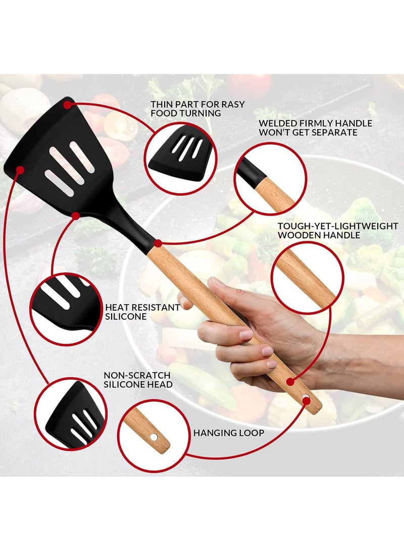 Kitchen Utensils Set of 12, Silicone Cooking Utensils with Holder, Non-stick Cookware Friendly & Heat Resistant, Includes Spatula Tong Whisk Ladle Brush Slotted Turner Spoon(Black) - Image 4
