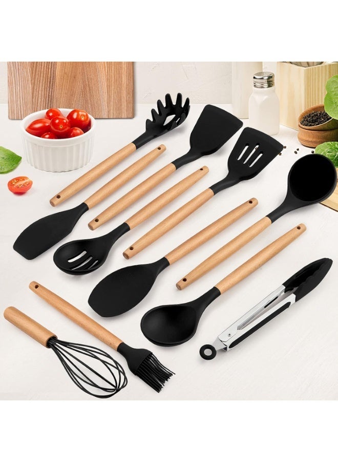Kitchen Utensils Set of 12, Silicone Cooking Utensils with Holder, Non-stick Cookware Friendly & Heat Resistant, Includes Spatula Tong Whisk Ladle Brush Slotted Turner Spoon(Black) - Image 1