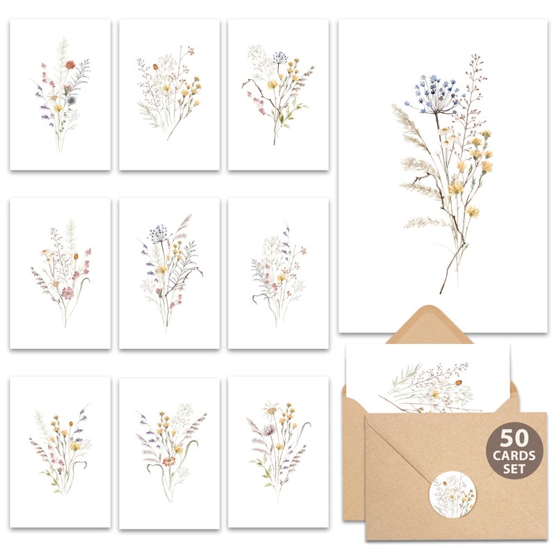 AUDREE 50 Set Blank Cards and Envelopes 3.5x5 - Watercolor Wildflowers Blank Greeting Cards with Adhesive Envelopes and Matching Sticker - Blank Note Cards for All Occasions - Image 1