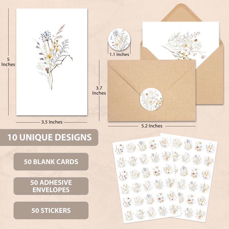 AUDREE 50 Set Blank Cards and Envelopes 3.5x5 - Watercolor Wildflowers Blank Greeting Cards with Adhesive Envelopes and Matching Sticker - Blank Note Cards for All Occasions - Image 2