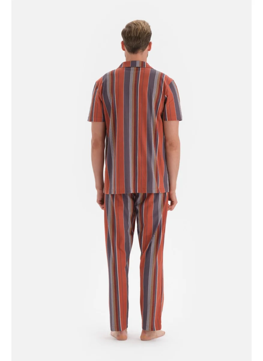 داجي Claret Red Shirt Collar Striped Knitted Pajama Set