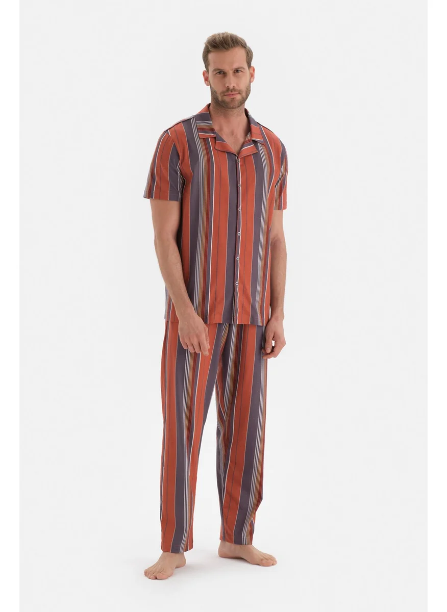 داجي Claret Red Shirt Collar Striped Knitted Pajama Set