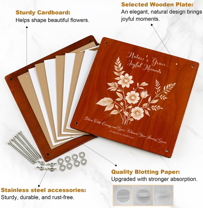 Joy&Grace Large Flower Press Kit for Adults & Kids with Designed Cover and DIY Album, 10.9" x 10.9" 10 Layers Plant Press and Plant Drying Toolkit, Flower Preservation Kit (Color Box, Mahogany Color) - Image 5