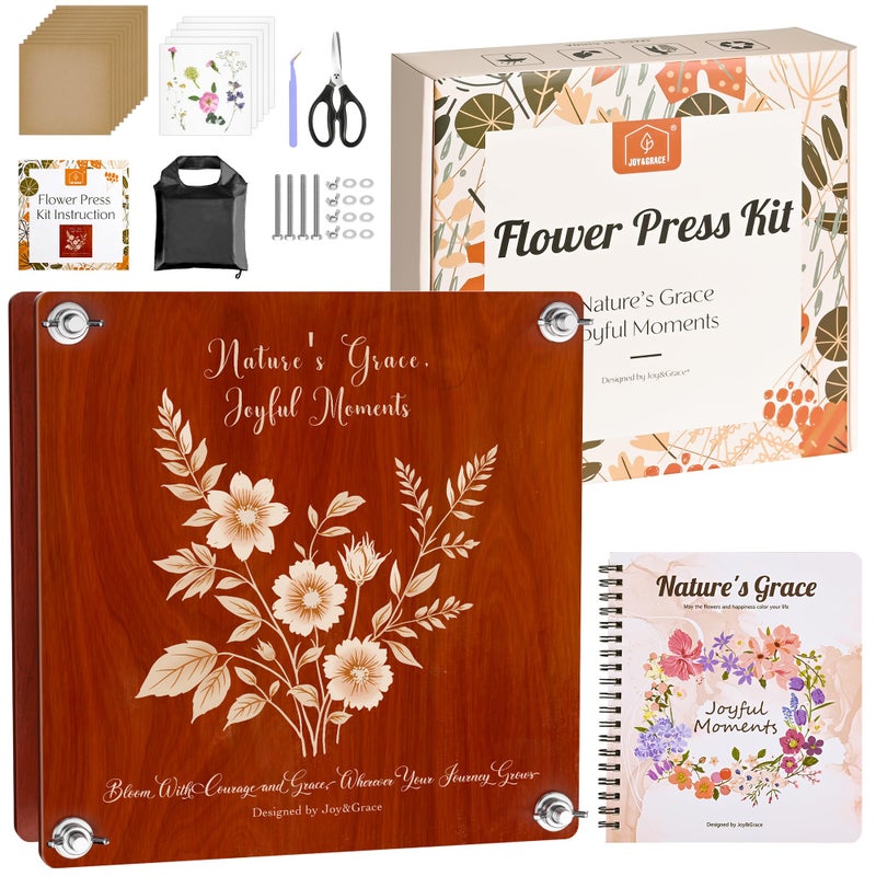 Joy&Grace Large Flower Press Kit for Adults & Kids with Designed Cover and DIY Album, 10.9" x 10.9" 10 Layers Plant Press and Plant Drying Toolkit, Flower Preservation Kit (Color Box, Mahogany Color) - Image 1