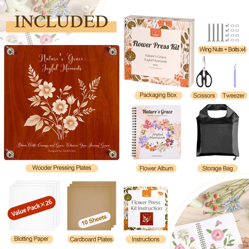 Joy&Grace Large Flower Press Kit for Adults & Kids with Designed Cover and DIY Album, 10.9" x 10.9" 10 Layers Plant Press and Plant Drying Toolkit, Flower Preservation Kit (Color Box, Mahogany Color) - Image 3