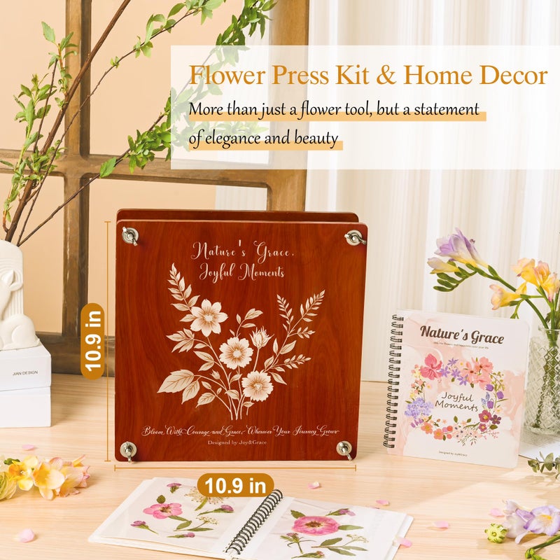 Joy&Grace Large Flower Press Kit for Adults & Kids with Designed Cover and DIY Album, 10.9" x 10.9" 10 Layers Plant Press and Plant Drying Toolkit, Flower Preservation Kit (Color Box, Mahogany Color) - Image 2