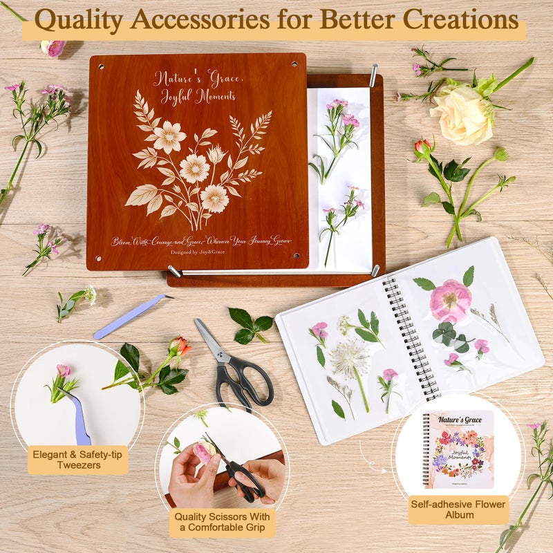 Joy&Grace Large Flower Press Kit for Adults & Kids with Designed Cover and DIY Album, 10.9" x 10.9" 10 Layers Plant Press and Plant Drying Toolkit, Flower Preservation Kit (Color Box, Mahogany Color) - Image 4