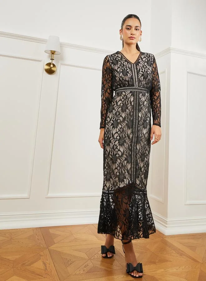 Styli Black Lace Ruffled Hem Maxi Dress