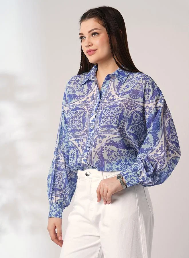 جلو باص بلوزة فضفاض بطباعة