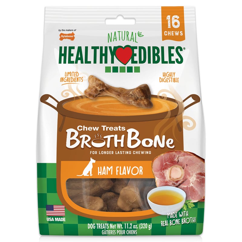 Nylabone Healthy Edibles Broth Bone Natural Dog Chews Long Lasting Treats Ham Flavor Small/Regular - Up to 25 Ibs. (16 Count) - Image 1