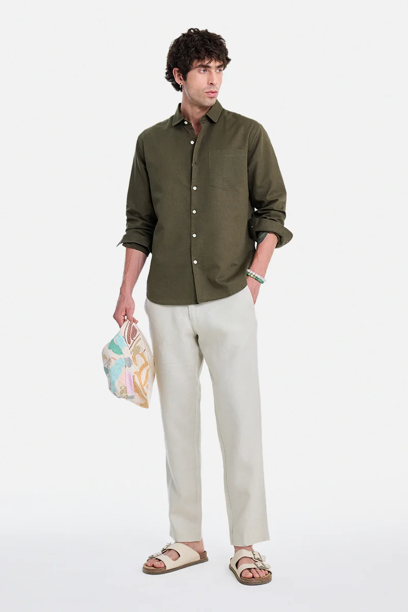 سنيتش Dark Olive Green Solid Long Sleeve Regular Fit Vacation Shirt