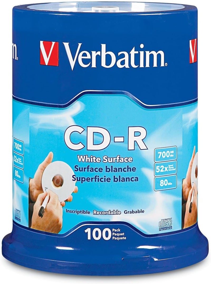 VERBATIM أقراص CD-R فارغة 700MB 80 دقيقة 52x قابلة للتسجيل للبيانات والموسيقى مع سطح أبيض فارغ - عبوة 100 قرص - Image 1