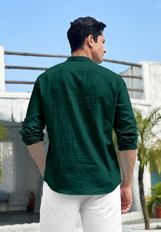 LATEST CHIKAN Cotton Blend Solid Casual Regular Fit Mandarin/Chinese Collor Short Kurta for Men SK-FS-LINEN-BGR-38 Bottle Green - Image 3