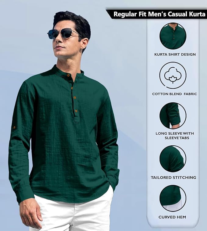 LATEST CHIKAN Cotton Blend Solid Casual Regular Fit Mandarin/Chinese Collor Short Kurta for Men SK-FS-LINEN-BGR-38 Bottle Green - Image 2