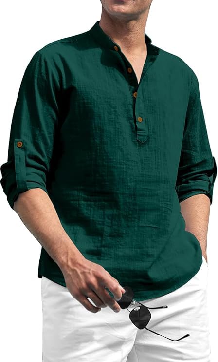 LATEST CHIKAN Cotton Blend Solid Casual Regular Fit Mandarin/Chinese Collor Short Kurta for Men SK-FS-LINEN-BGR-38 Bottle Green - Image 1