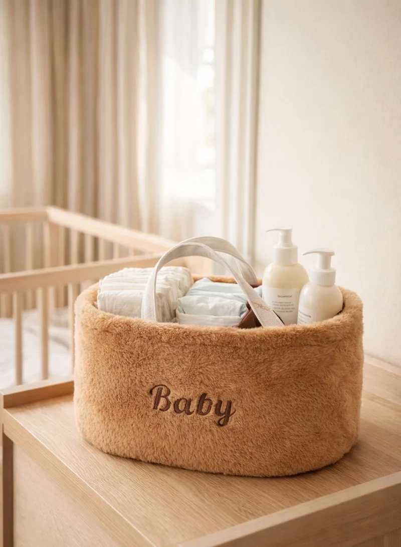 1Chase Coffee Brown Baby Diaper Caddy Organizer – Soft Plush Nursery Storage Basket with Handles, Portable Changing Table & Car Organizer for Newborn Essentials (Coffee Brown)  | Best Price UAE