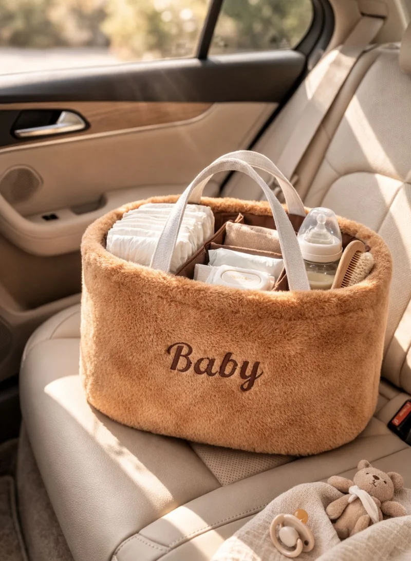 1 تشيس منظم مستلزمات الأطفال - سلة تخزين ناعمة مخملية لغرفة الأطفال مزودة بمقابض، وطاولة تغيير محمولة، ومنظم للسيارة لمستلزمات الأطفال حديثي الولادة (بني قهوة)