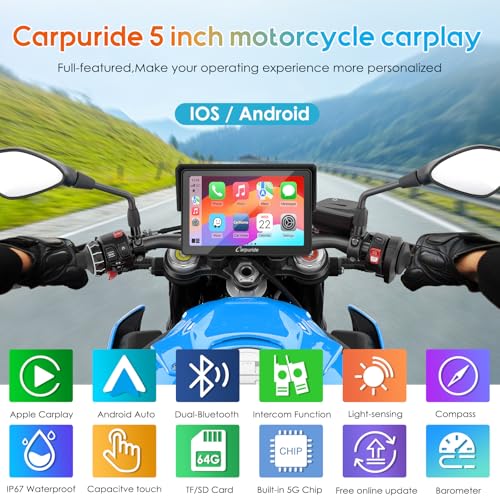 Carpuride W502PRO for Motorcycle CarPlay& Android Auto& Dual Bluetooth - 5" Waterproof GPS Navigation Screen for Motorbike, Music Sharing, Intercom, EQ, Light Sensor, Compass, Barometer - Image 2